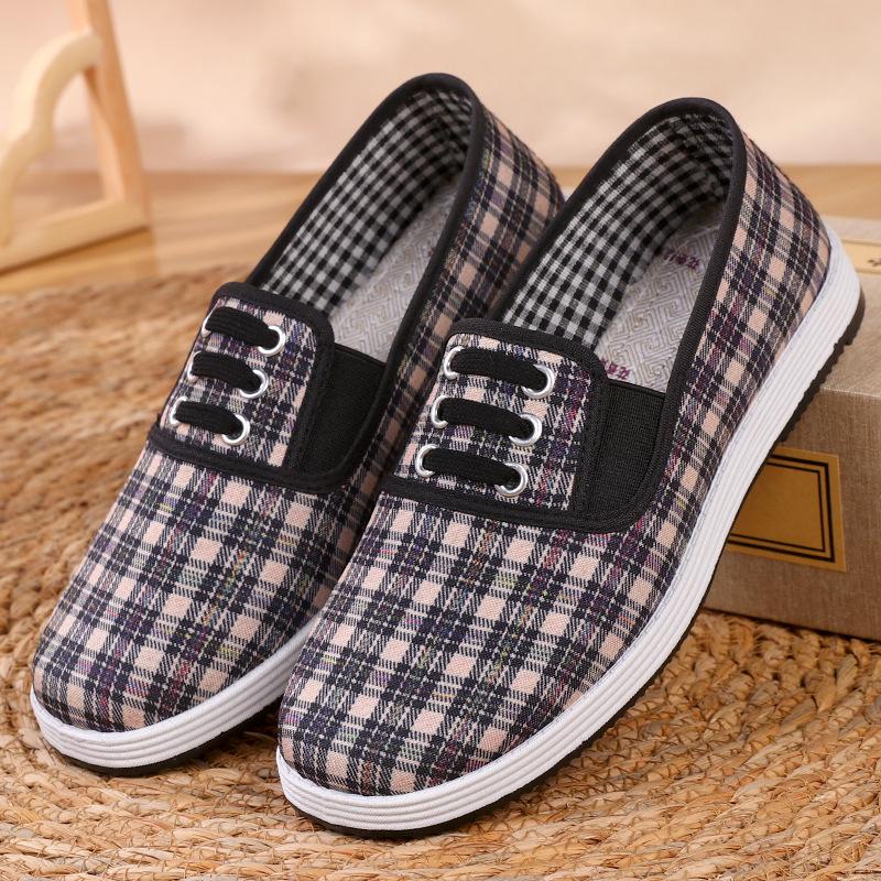 Spring New Elastic Casual Women's Cloth Shoes Plaid Cloth Cotton Cloth One-pedal Flat-bottomed Lazy Canvas Shoes