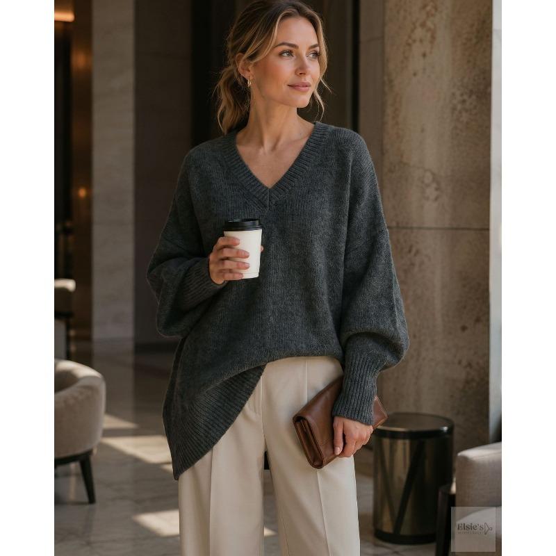 VEZFAA Damenmode, lässig, Herbst/Winter, einfarbig, bedruckt, langärmelig, V-Ausschnitt