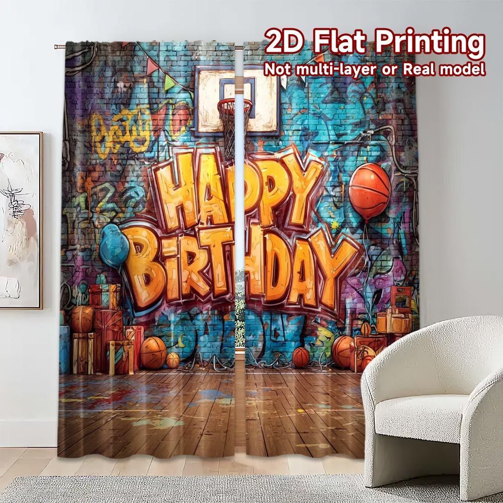 Set Of 2 Flat Printing Curtains Without Rod Birthday Hoops Polyester Easy Install Gifts Modern Made