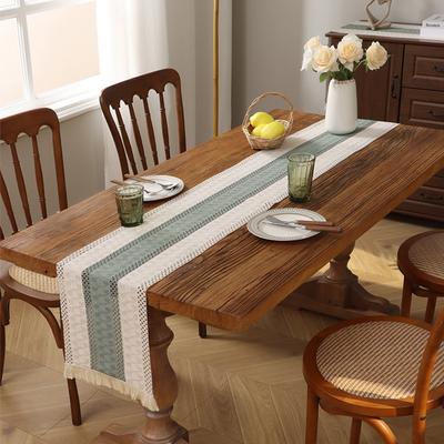 Bohemian Rustic Wedding Decor Cotton Linen Table Runner with Tassels