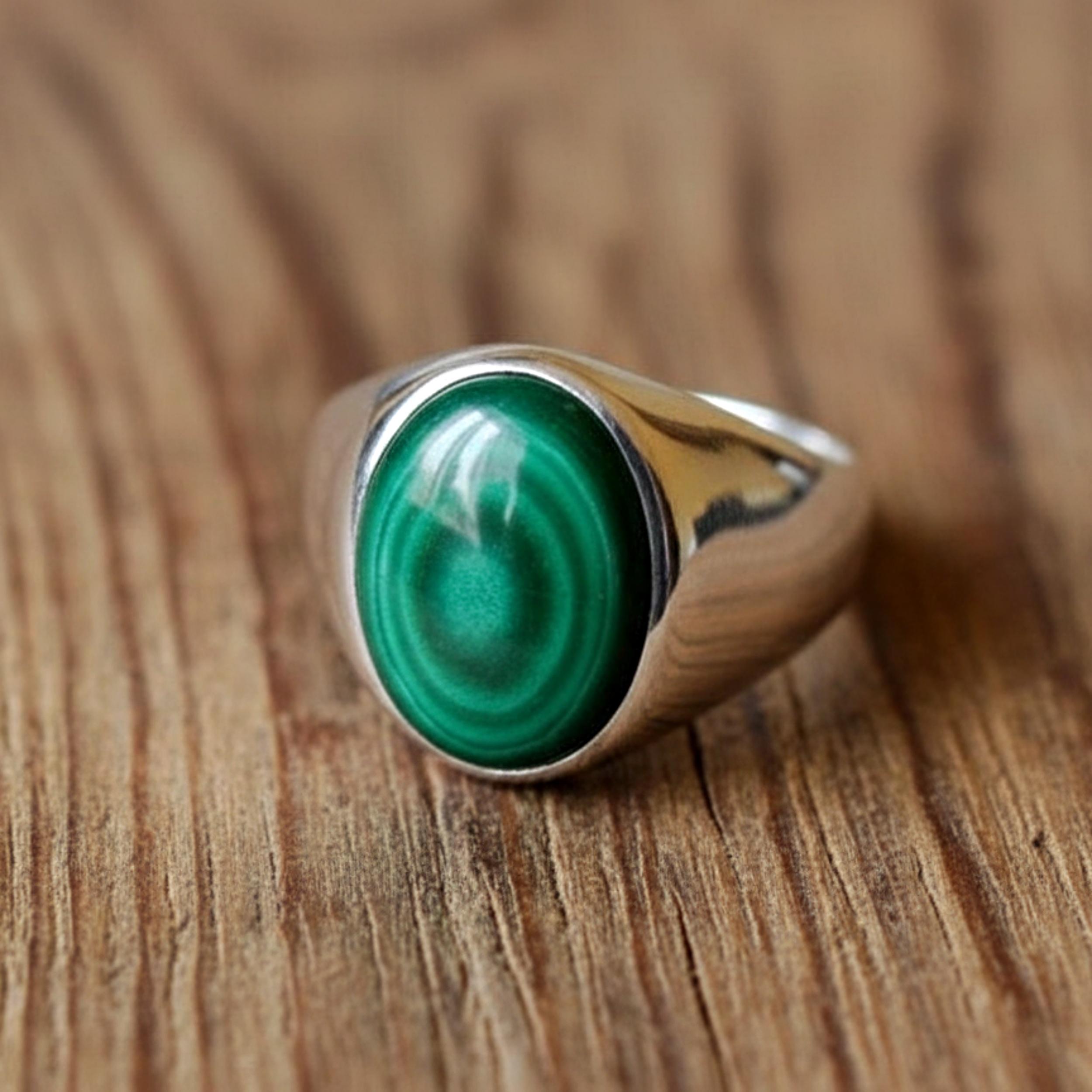 

Green Malachite Signet Ring, 925 Solid Sterling Silver, Oval Cabochon Copper Ring, Men Women Ring 12 медный