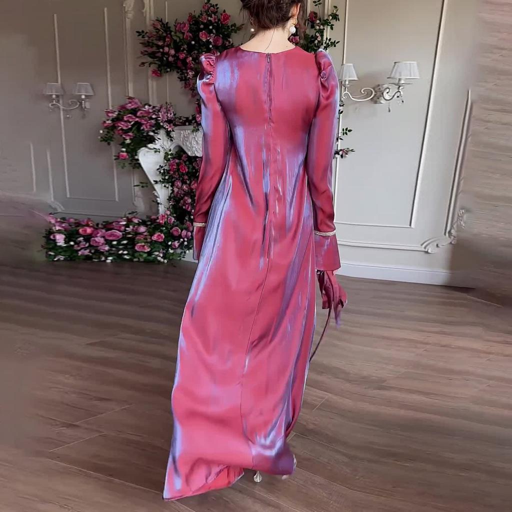 Women's Fashionable Casual Round Neck Long Sleeved Solid Color Dress