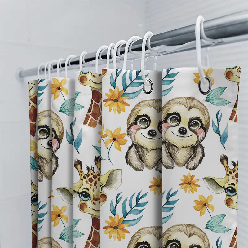 Animal Print Shower Curtain Kids Bathroom Decor Cartoon Giraffe Sloth Blue Yellow Flower Pattern Waterproof Bath Mat Set With Ri