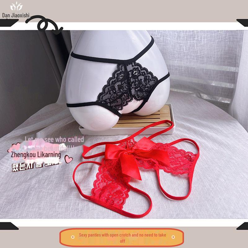Open Crotch Lace Thong - See-Through, Low Waist, Sexy, Large Size, Bow Detail.
