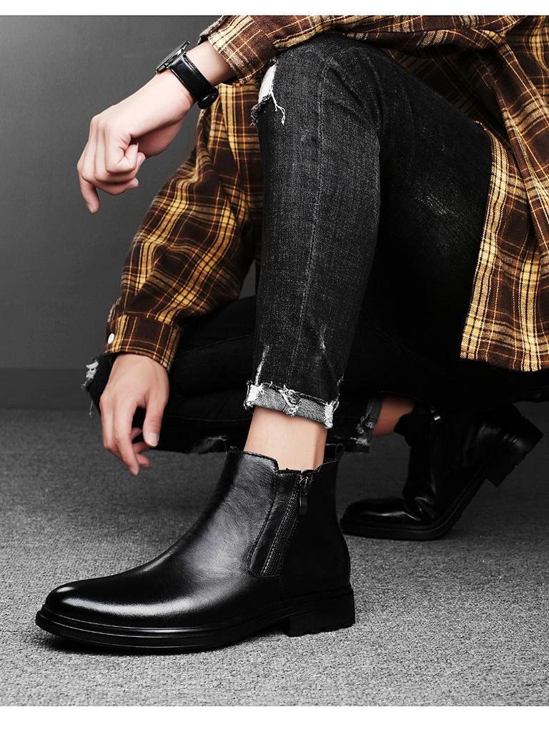 Men's Plus Size Retro Leather Round Toe Boots with Side Zipper - Breathable Cotton Low Heel Martin Boots.