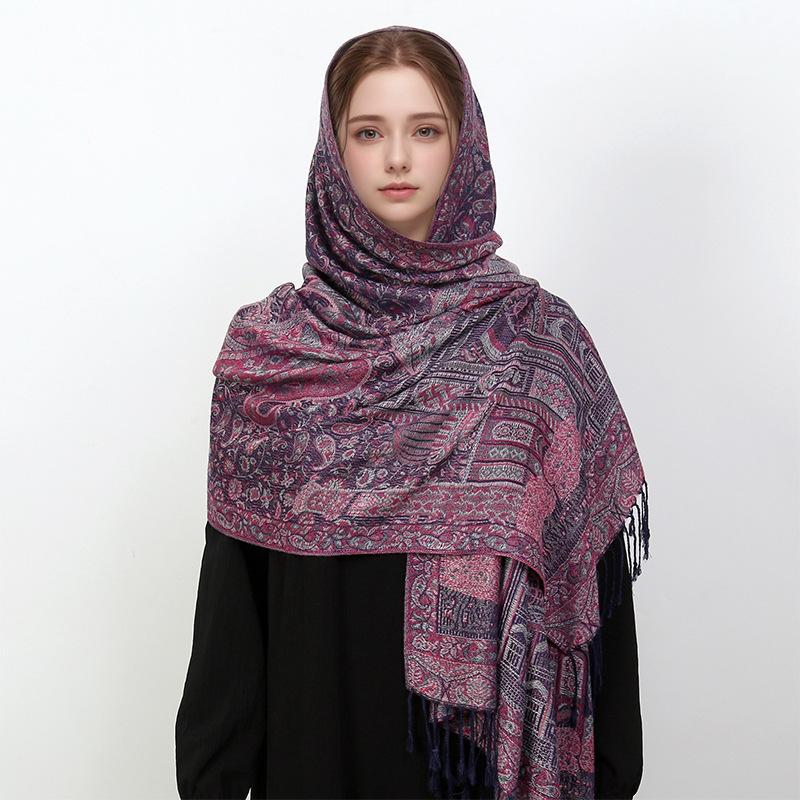 

Кашемировый жаккардовый шарф с узором «замок», шаль, осенне-зимний, с накидкой-бобом, длинный теплый шарф с бахромой, женский