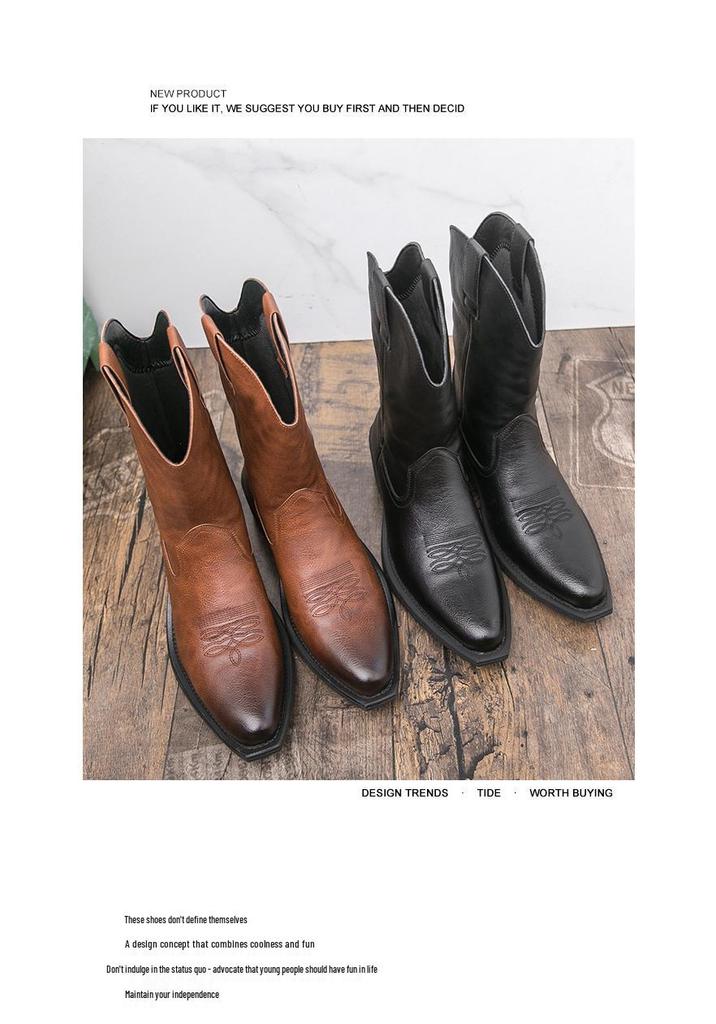 Men’s Mid-Calf Martin Western Cowboy Boots - Breathable, Embroidered, High-Top Pull-On Riding Boots for Autumn and Winter