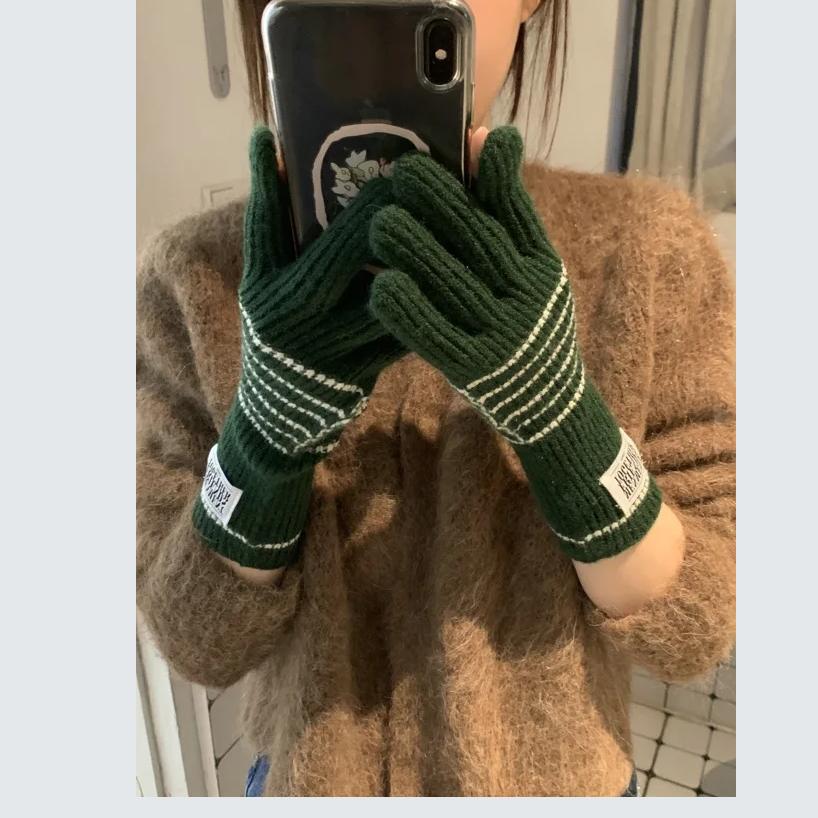 Striped Lengthen and Thicken Solid Color Gloves Cute Simple Long Warm Gloves Touch Screen Cycling Warm Gloves
