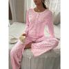 Women Sexy Lace Trim Cardigan Long Sleeve Top Long Pants Pajama Set Home Wear