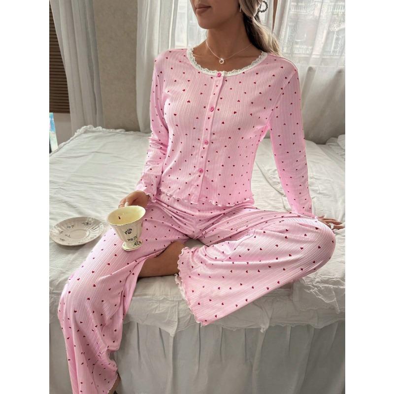 Women Sexy Lace Trim Cardigan Long Sleeve Top Long Pants Pajama Set Home Wear