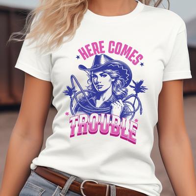 Here Comes Trouble T-Shirt, Cowgirl Gift Tee, Western Style Shirt, Rodeo Girl