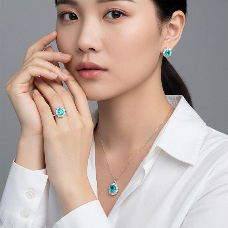 2026 Pigeon Egg Ice Flower Cut Diamond Full Paraiba Green Ring Earrings Pendant Classic Three-piece Set