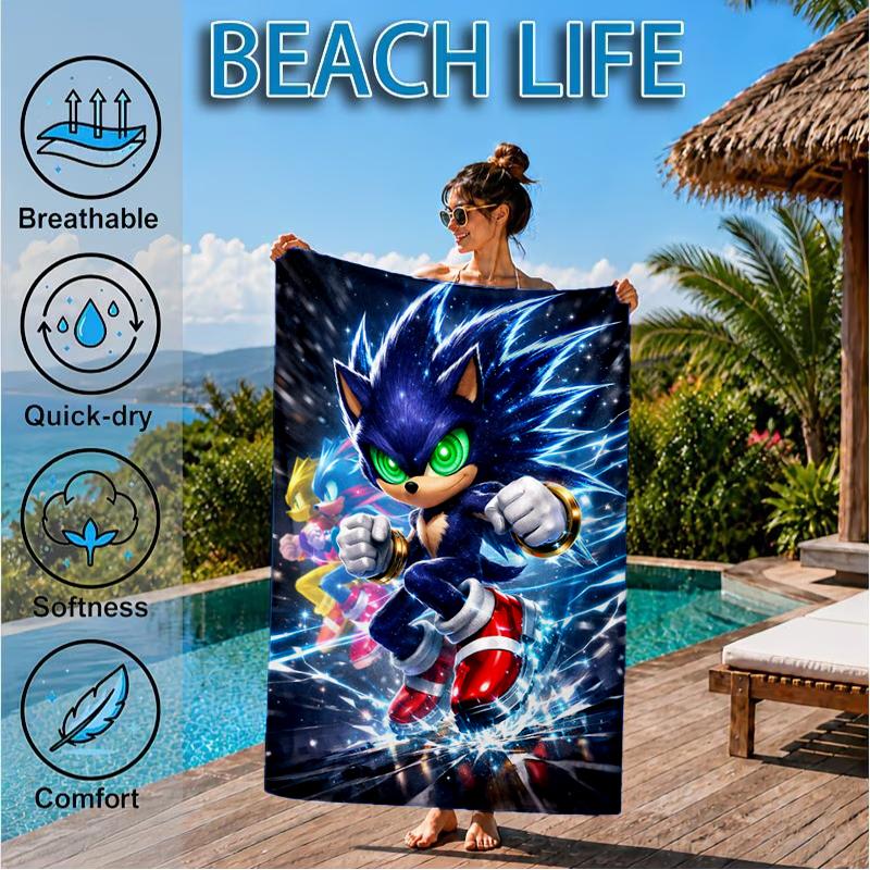 Blue Hedgehog In Action Beach Towel, Super Soft Microfiber, Perfect Gift for Her/Him, Birthday, for Pool, Beach, Travel, Decor Beach Party
