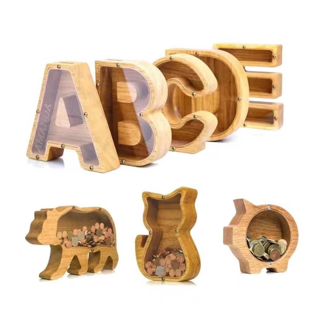 Creative Wooden Piggy Bank Twenty-Six Letter Coin Money Saving Box Storage Customized Name Wood DIY Letter Kids Money Bank Gift