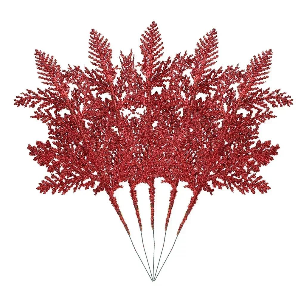 Artificial Pine Leaves Branches Christmas Gold Silver Fake Plants Glitter Garland Xmas Tree Ornament Home Room Decoration Plant