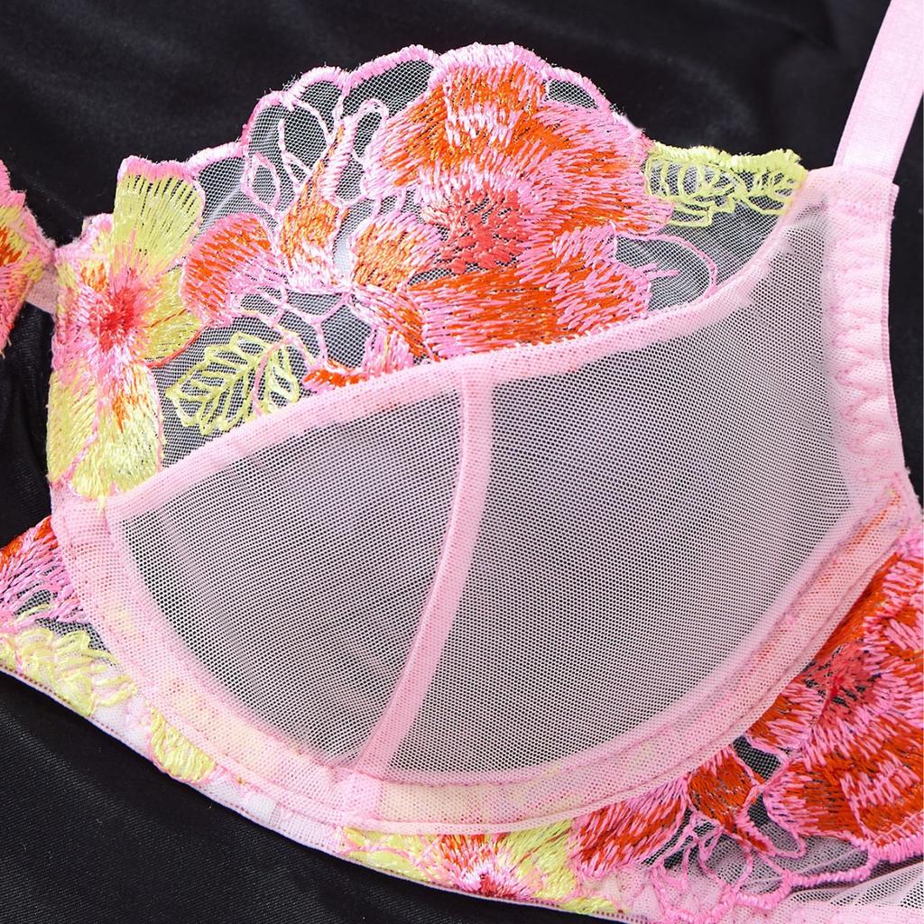 Pink French Bra Thong Set Sexy Ultra-thin Perspective Mesh Sexy Underwear Women