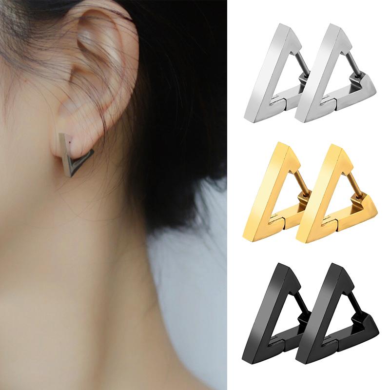 1 Pair Unisex Punk Rock Geometric Triangle Stainless Steel Earrings Women Men Piercing Push-Back Clip Ear Rings Party Zircon
