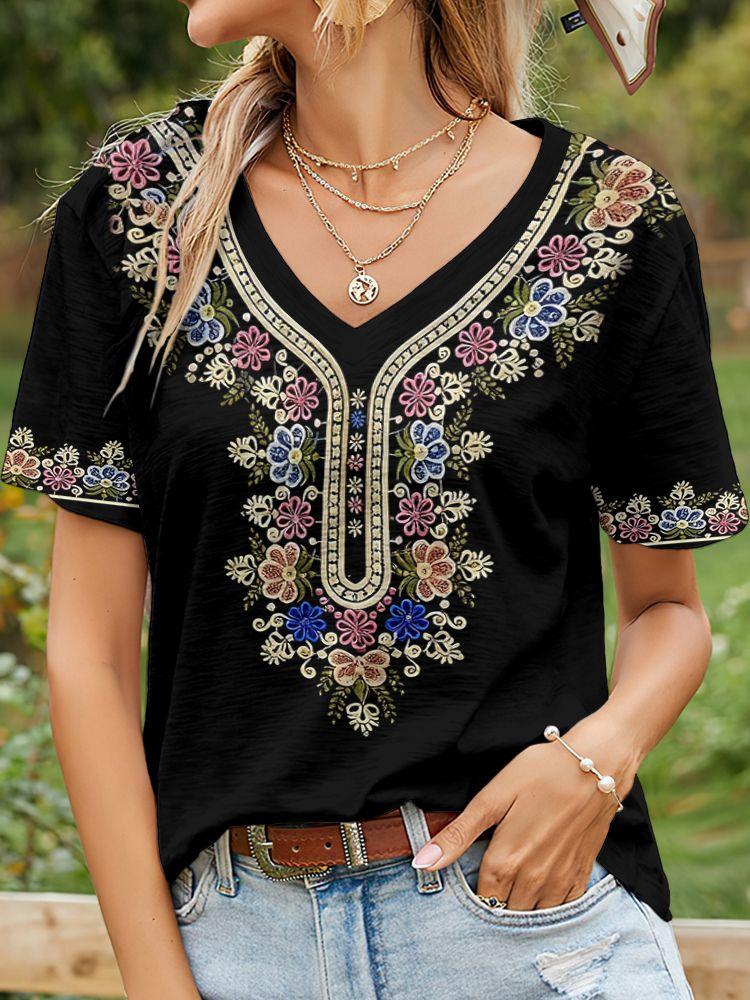 Ethnische Stil Blumen T-Shirts 3D Druck Sommer Damen V-Ausschnitt Kurzarm T-Shirt Y2k Harajuku Tees Lässige Oberteile Damenbekleidung