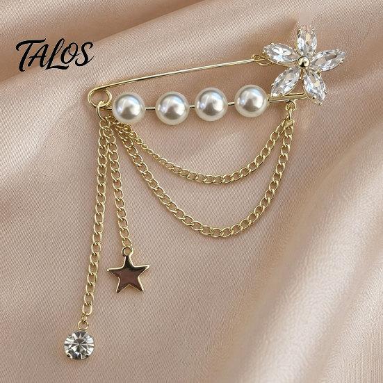 Brooch Pin for Women, Lapel Pin with Star Rhinestone Faux Pearl Tassel Design, Multi-Layered Pendant Badge for Neckline Cardigan Coat Decoration