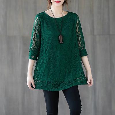 Spring and Autumn Lace Bottoming Shirt Women's Plus Size Fashion Loose Mid-length Long-sleeved Top