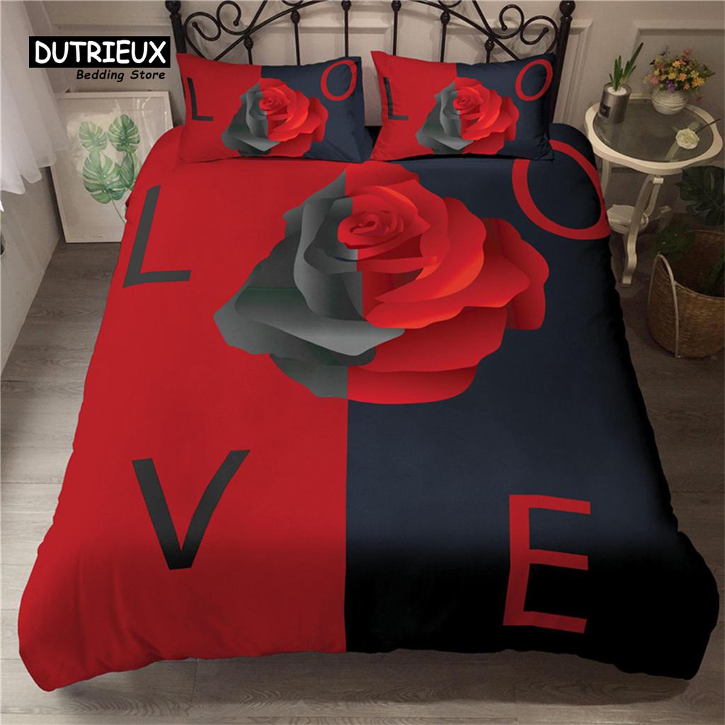 Golden Rose Floral Bedding Set Queen Romantic Style Fairy Girl Heart Duvet Cover Set Valentine'S Day Microfiber Comforter Cover