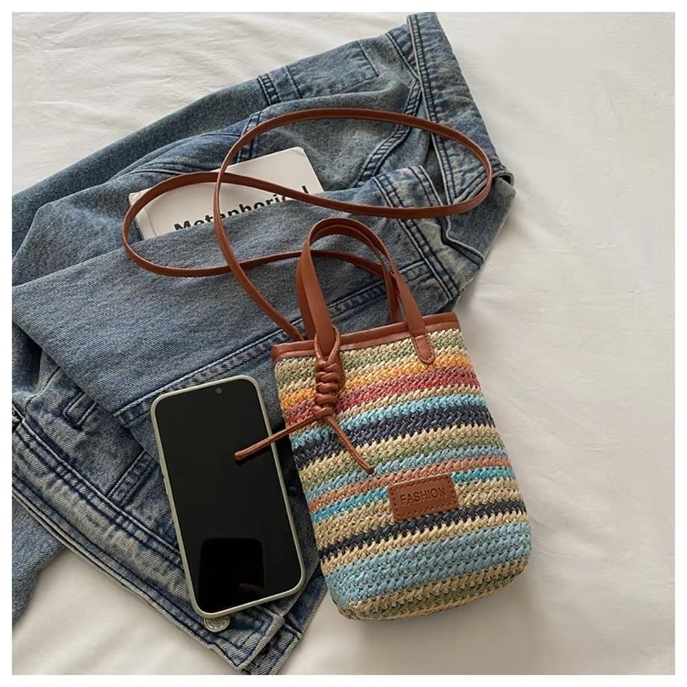 Fashion Contrasting Color Straw Messenger Bag All-match Light Weight Straw Crossbody Bag High Capacity Weave Beach Bag Daily Use