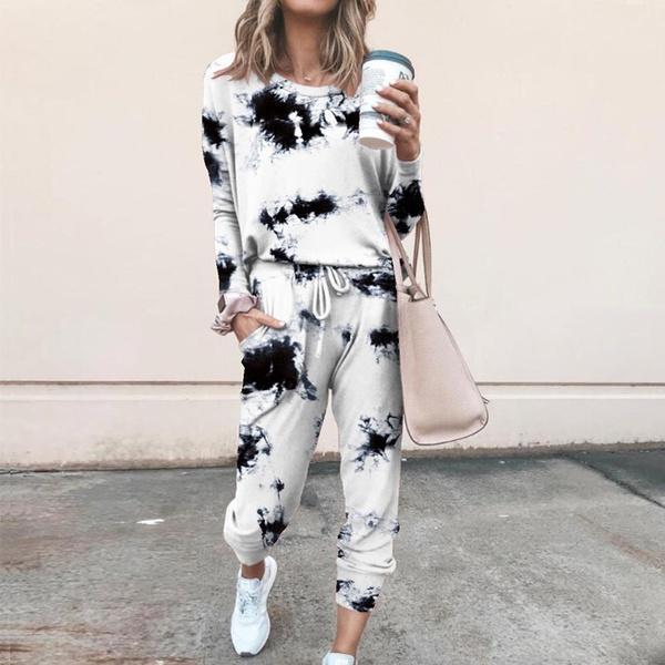 

Новые модные женские комплекты из двух предметов с принтом тай-дай, толстовки с круглым воротником и длинными рукавами и эластичные спортивные штаны с высокой талией S чёрный