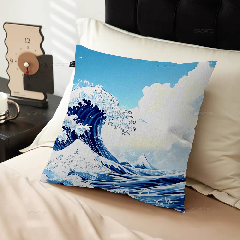 The Great Wave Off Kanagawa Art Pillow Covers Cartoon Sofa Decorative Home Double-sided Printing Short Plush Cute Cushion Cover