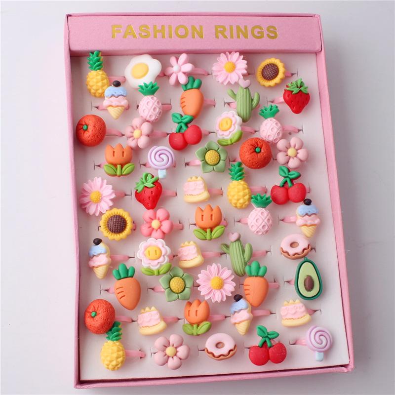 50Pcs Cartoon resin children's ring - Sweet flower ring - Gift box set finger ring - Party gift