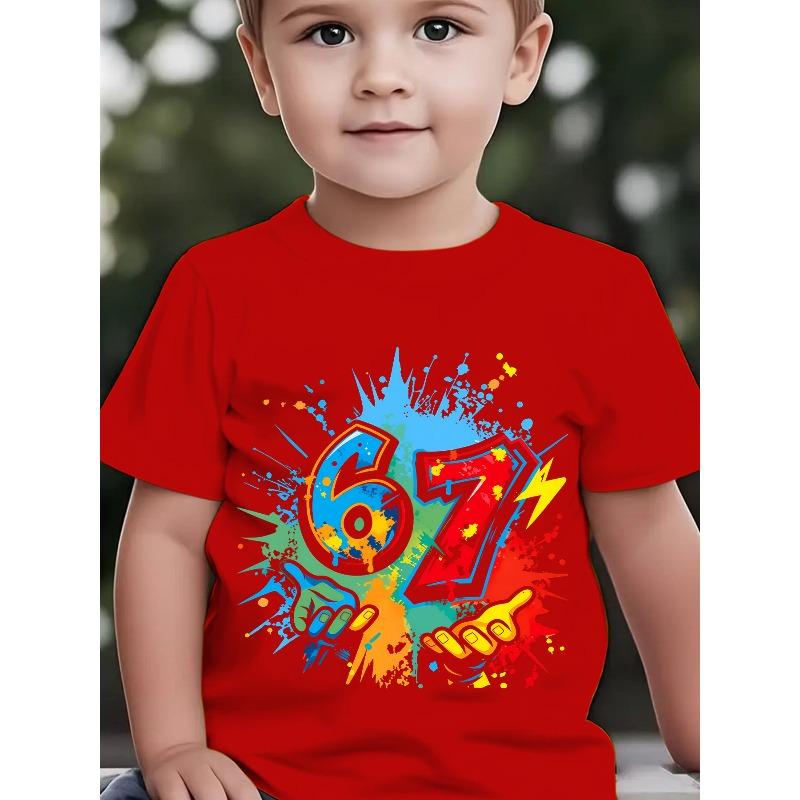 Boys Summer Crewneck Tee, Ink Splash Handheld Number 67 Cartoon Print Fashion Outdoor Casual Short Sleeve Top