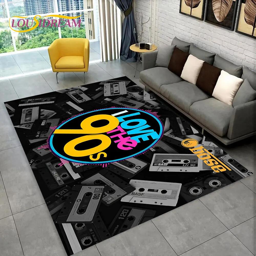 Alfombra de Área Grande con Patrón de Cinta de Cassette de Música Retro, Alfombra para Sala de Estar, Dormitorio, Sofá, Felpudo Decorativo, Felpudo Antideslizante