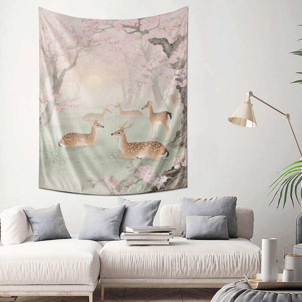 Cherry Blossom Deer Themed Tapestry Elegant Fabric Decoration Suitable for Bedroom and Living Room Walls