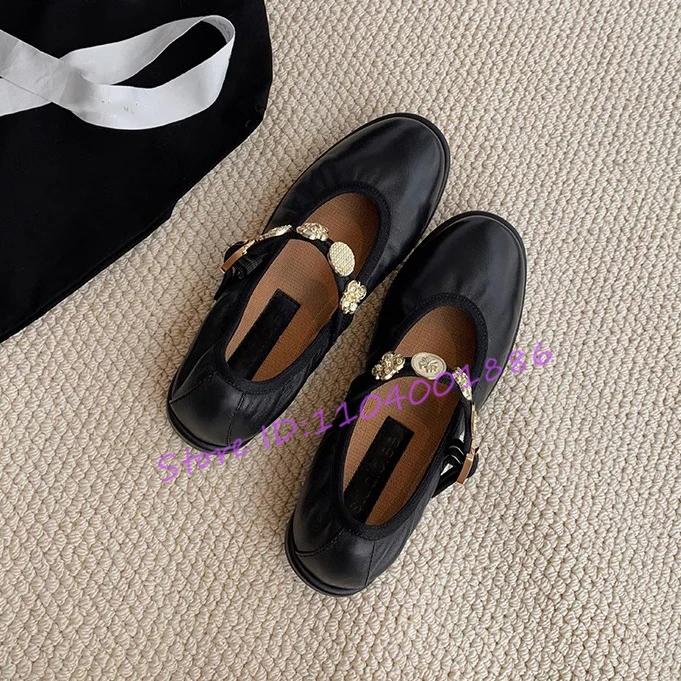 Retro Runde Spitze Ballerinas Designer Metall-Dekor Flache Mary Jane Schuhe Elegante Damen Weiche Sohle Komfort Damen Pumps