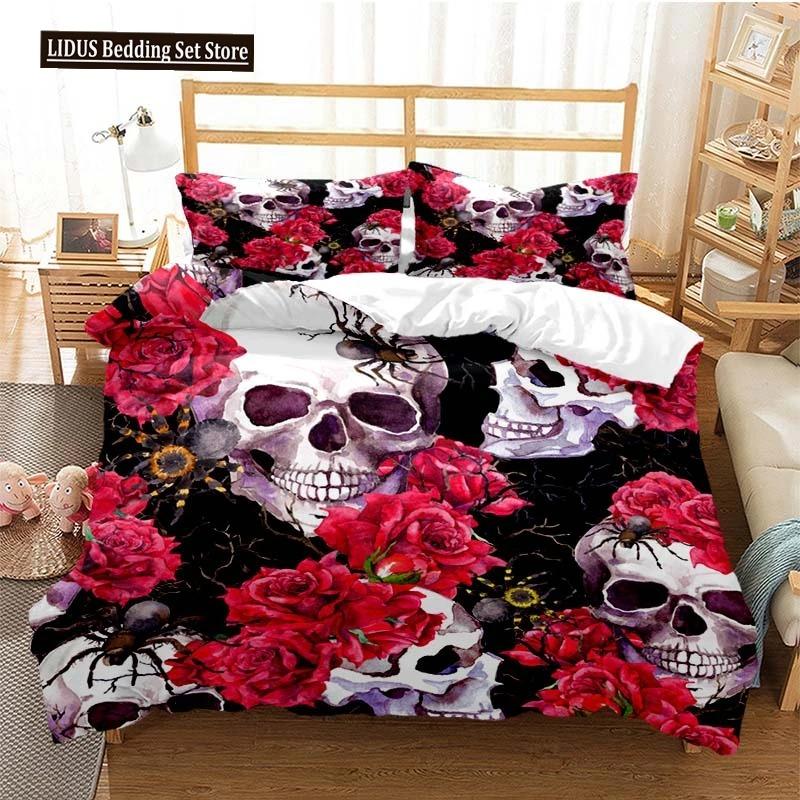 Sugar Skull Duvet Cover Set Queen Size Flowers Skeleton Bed Linen Double Bedding Set With Pillowcase King Size Skull Quilt Cover
