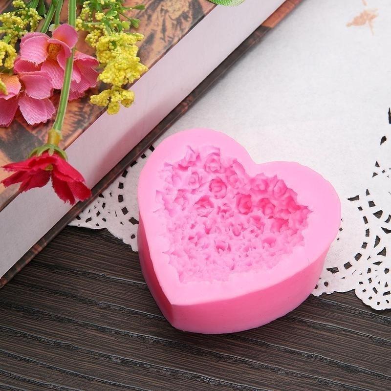 Pink 3D Love Roses Heart-shaped Silicone Mold Fondant Cake Mold Baking Die