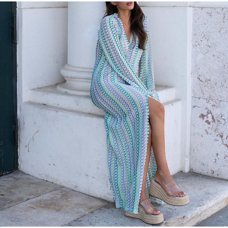 Лоскутное Женское Трикотажное Платье с Глубоким V-образным Вырезом — фото 12