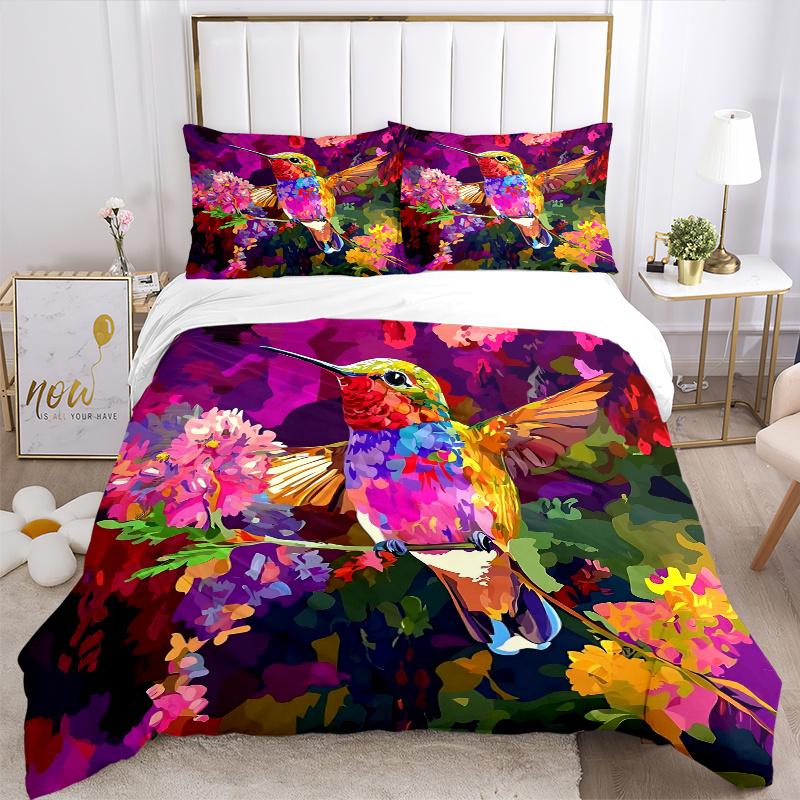 3pcs Hummingbird in a Vibrant Garden Quilt Cover Set - Soft & Comfortable Polyester Fabric, All-Season Breathable Comforter Set For 1 Quilt Cover