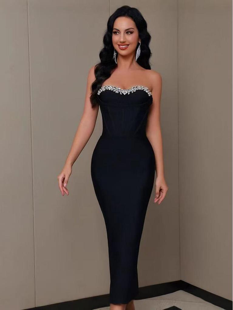 European and American Knitted Diamond-studded Bandage Dress with Slit