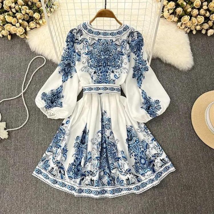 New Autumn Women Bohemian Dress Blue Print V-Neck Long Lantern Sleeve Elegant Belt Holiday Vestidos Fashion