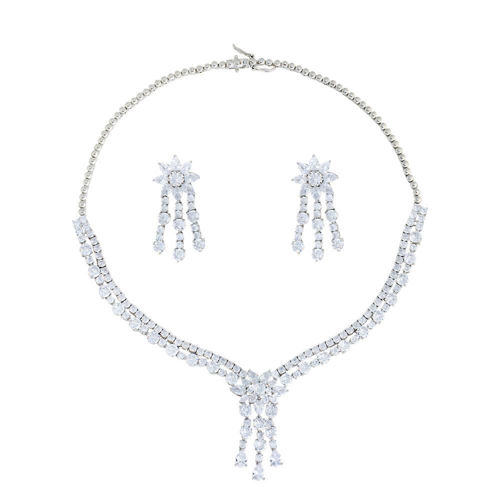 Bright High-End Tassel European Dinner Dress Collarbone Chain Set Bridal Zircon Necklace Earring Set