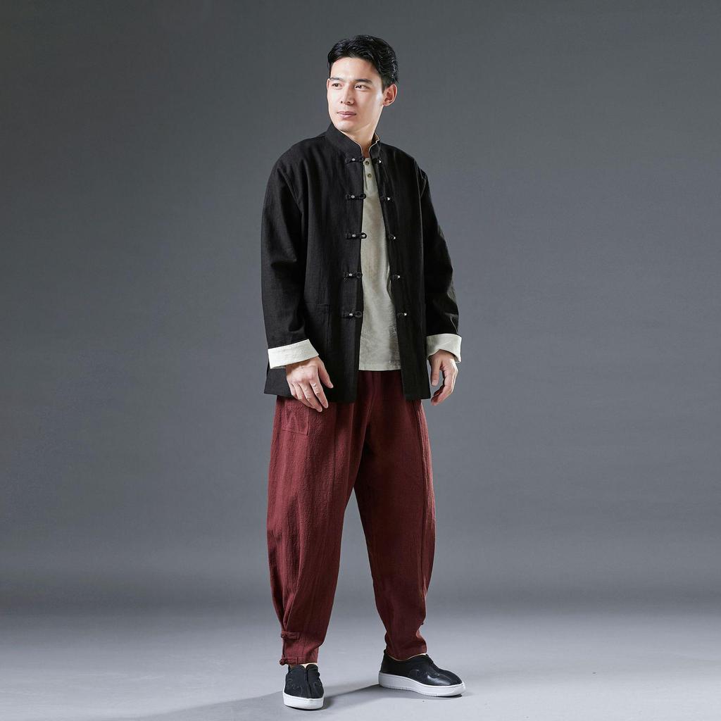 Men's 2025 Spring Silver Buckle Overlap Coat - Retro Chinese Style with Frog Buttons, Loose Casual Fit, Roll-Up Sleeves