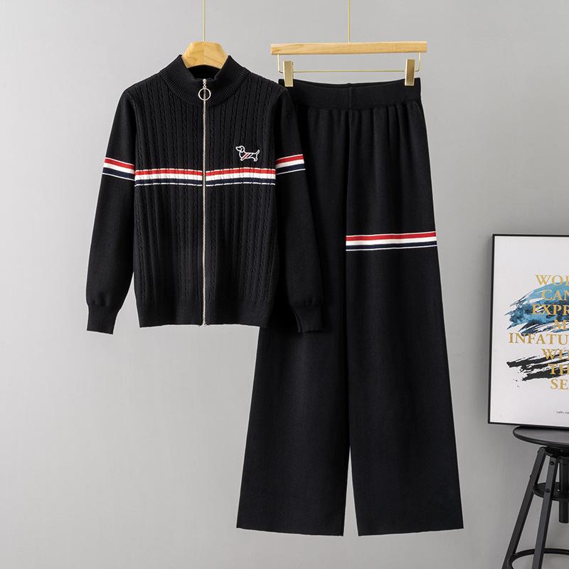 Frühlings- und Herbst-Colorblocking-Gestreiftes Strick-Cardigan-Set mit gesticktem Hund, Stilvoller, Figurschmeichelnder und Jungendlicher Pullover-Mantel für Damen