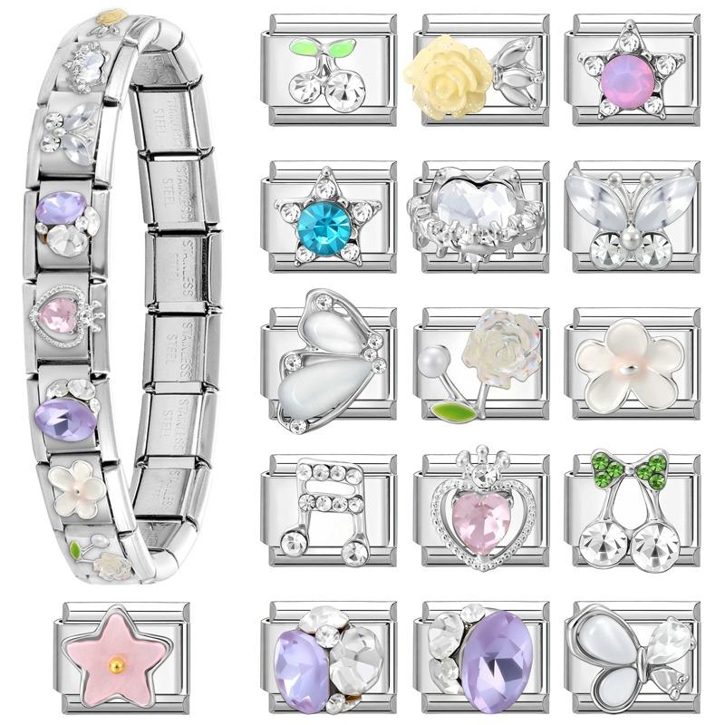 New Fashion Y2K Eyes Star Cherry Rose Butterfly Crown Shiny Italian Charm Links Fit 9MM Stainless Steel Bracelet DIY Making Gift