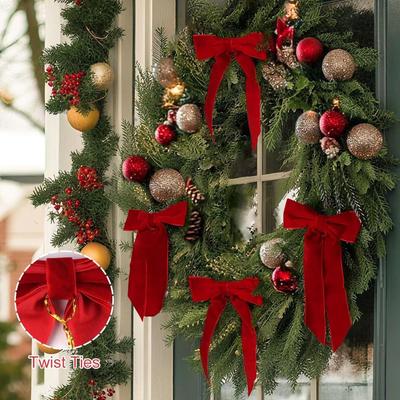 12pcs/set New Vintage Christmas Tree Bows Red Velvet Wreath Bow Versatile Usage Velvet Ribbon Bow Home Decor