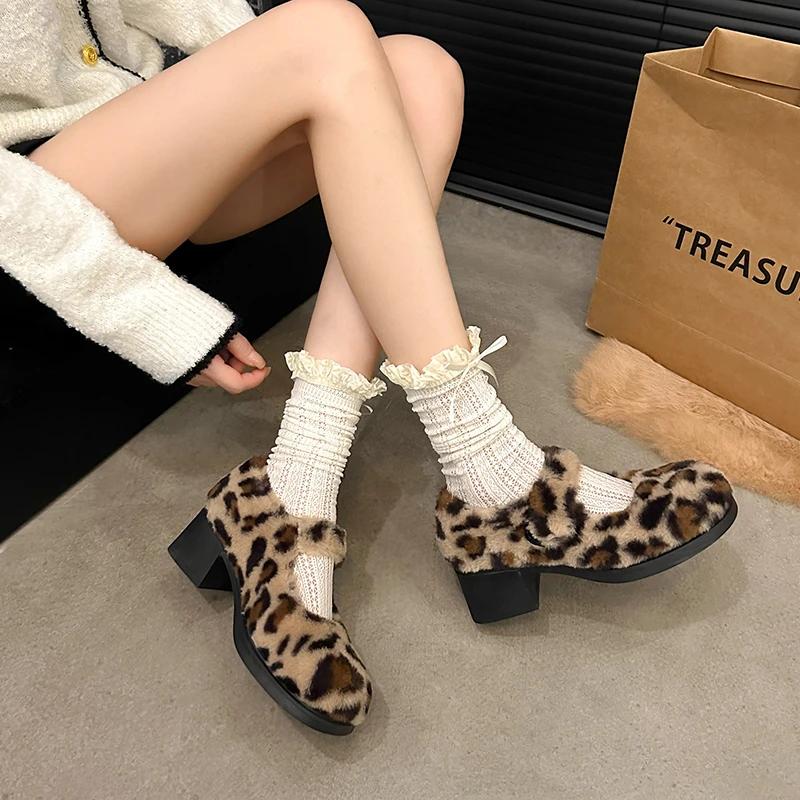 Fashion Winter Fashion Women's Boots 2024 New Sexy Shallow High Heels Women's Shoes Comfortable Thick Heels Leopard Print Pattern Shoes