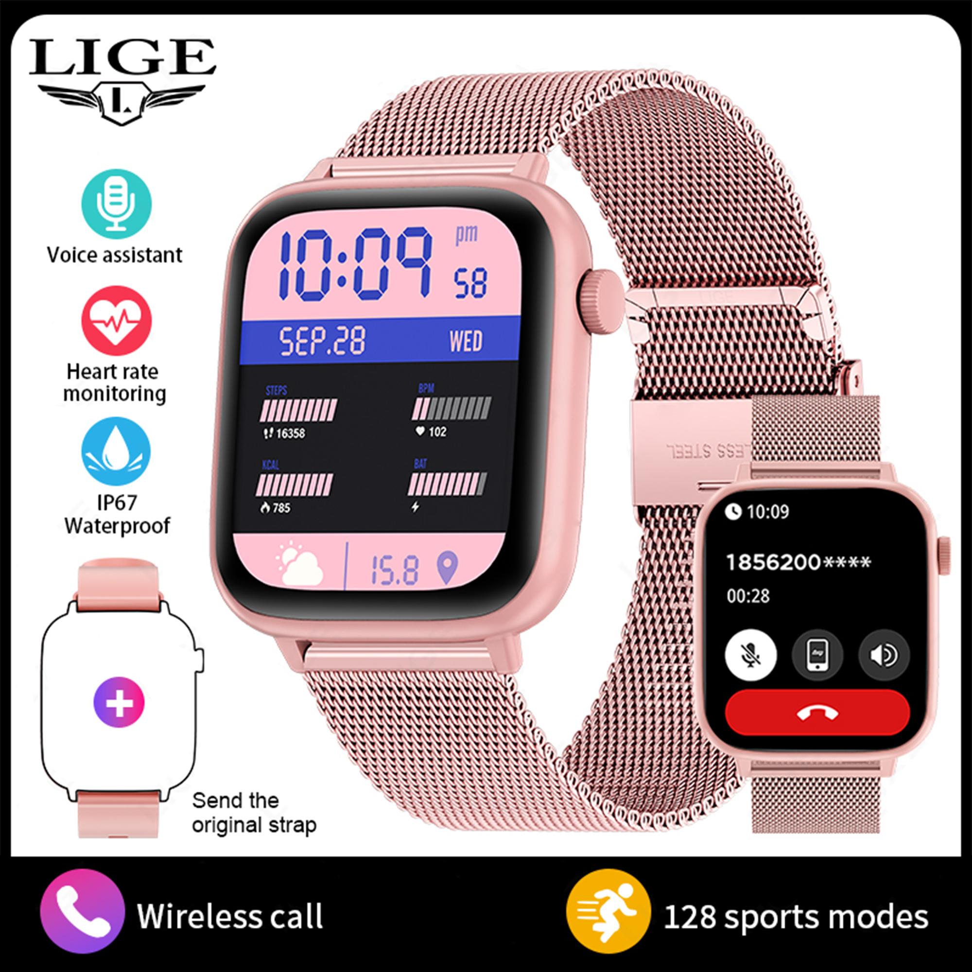 

LIGE Новые умные часы с сенсорным экраном Bluetooth для звонков, спорта и фитнеса, мужские умные часы mesh belt розовый