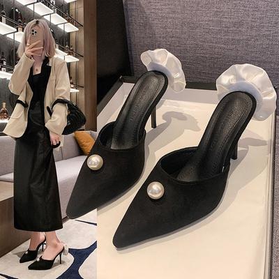 2024 Foreign Trade Summer New Pointed Back Empty High Heels Pearl Bag Head Thin Heel Satin Rose Large Size Slippers