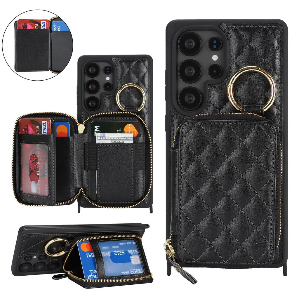 For Samsung Galaxy S25 Ultra Case Ring Holder Zipper Pocket Kickstand Leather Back Phone Cover with Shoulder Strap