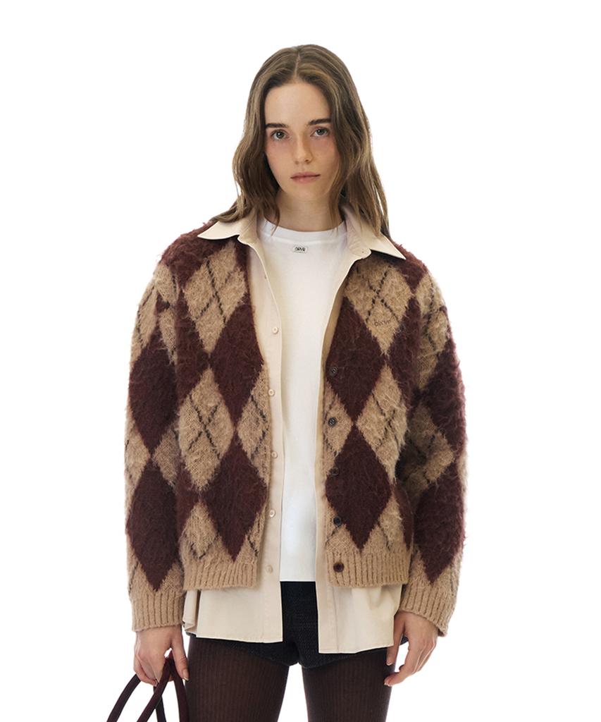 GROVE Aria Brushed Argyle Cardigan (Wine)