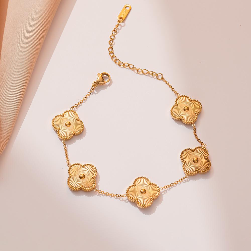 Engraved Titanium Steel Minimalist Lucky Flower Bracelet for Women